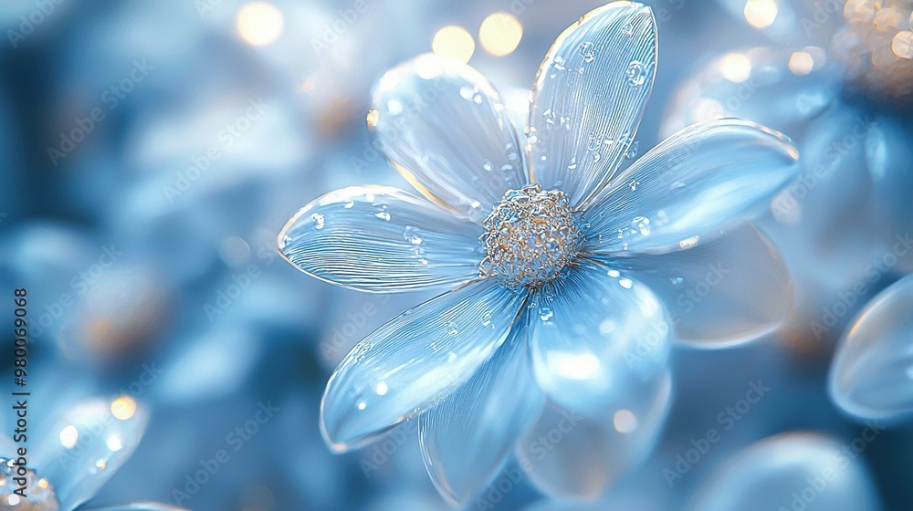 Fototapeta premium Blue flower with water droplets on petals appears to float