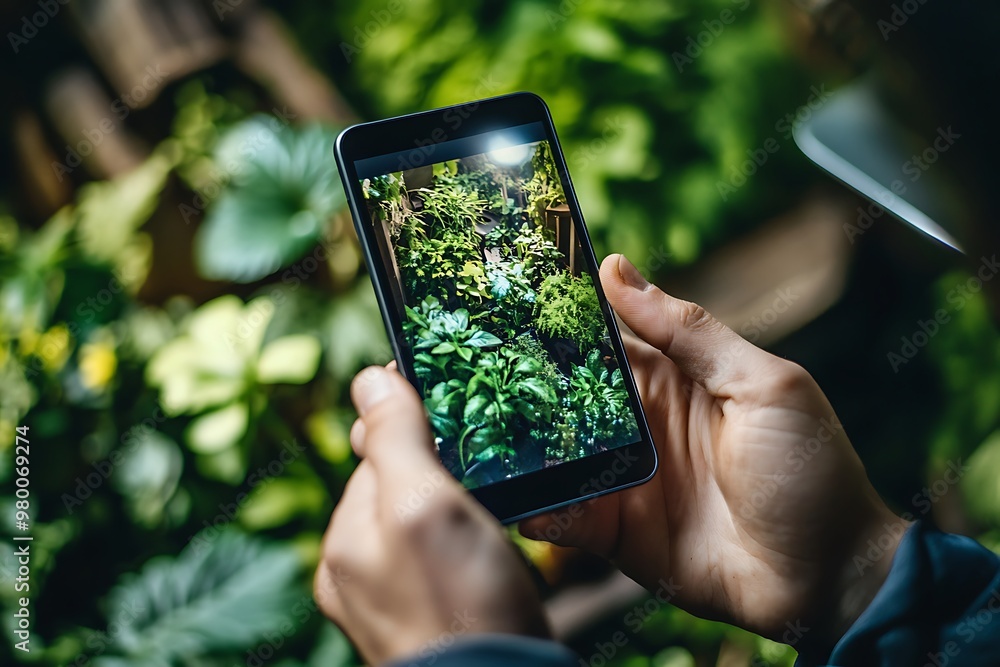 Close up of hands holding a smartphone, displaying a green nature scene. Technology in the outdoors.