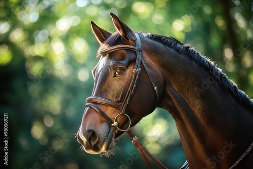 Image of a lovely gelding in a bridle against a summer forest backdrop