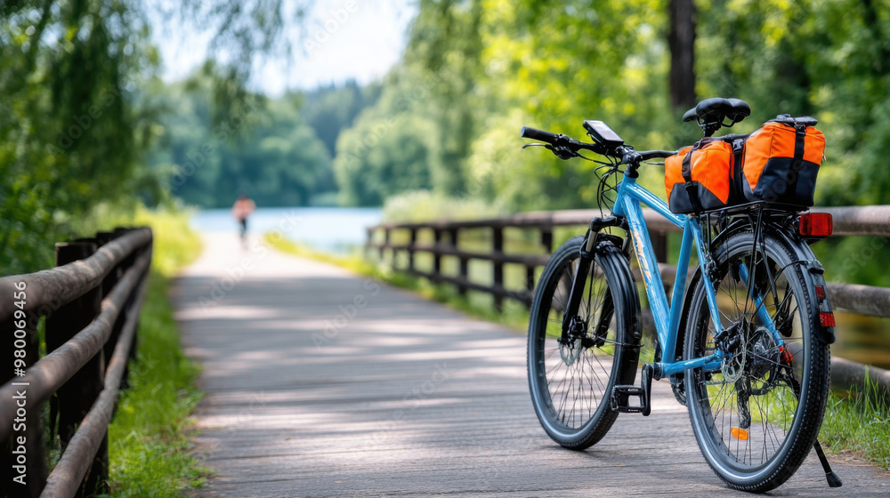 A bike equipped with panniers parked on a wooden bridge in a lush forest, symbolizing adventure and outdoor exploration. A bike equipped with panniers parked on a wooden bridge in a lush forest, symbolizing adventure and outdoor exploration.