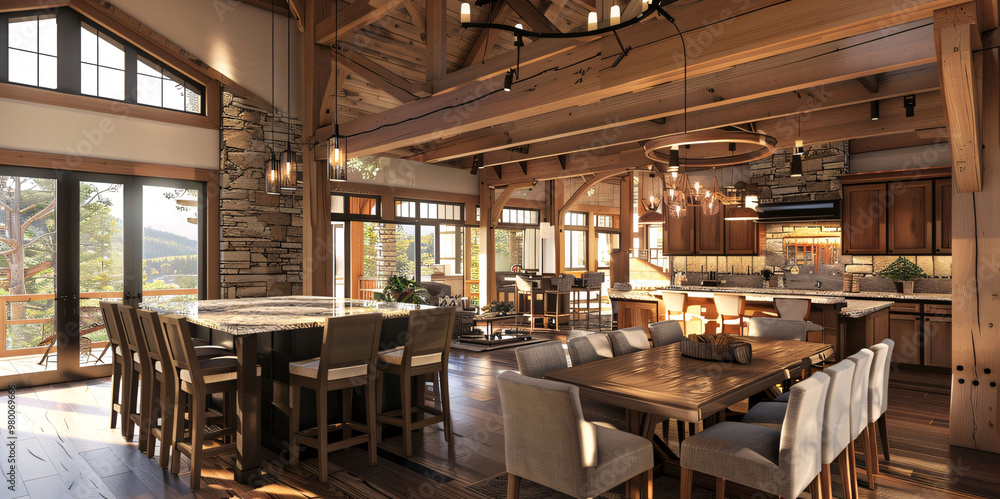 Modern kitchen and dining area with large windows, wooden beams, and stone wall in a luxury home. Modern kitchen and dining area with large windows, wooden beams, and stone wall in a luxury home.