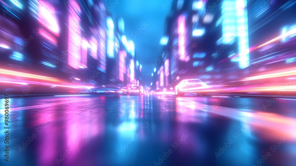 A bustling futuristic metropolis at night, neon blue and pink lights illuminating the streets, flying vehicles creating light trails, Cyberpunk, 3D render, wide-angle shot, vibrant A bustling futuristic metropolis at night, neon blue and pink lights illuminating the streets, flying vehicles creating light trails, Cyberpunk, 3D render, wide-angle shot, vibrant