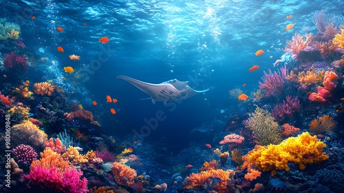 Wallpaper Mural A dynamic underwater coral reef scene with colorful coral formations, darting fish, and a giant manta ray gliding by, Realistic, Digital painting, bright hues, detailed marine environment Torontodigital.ca
