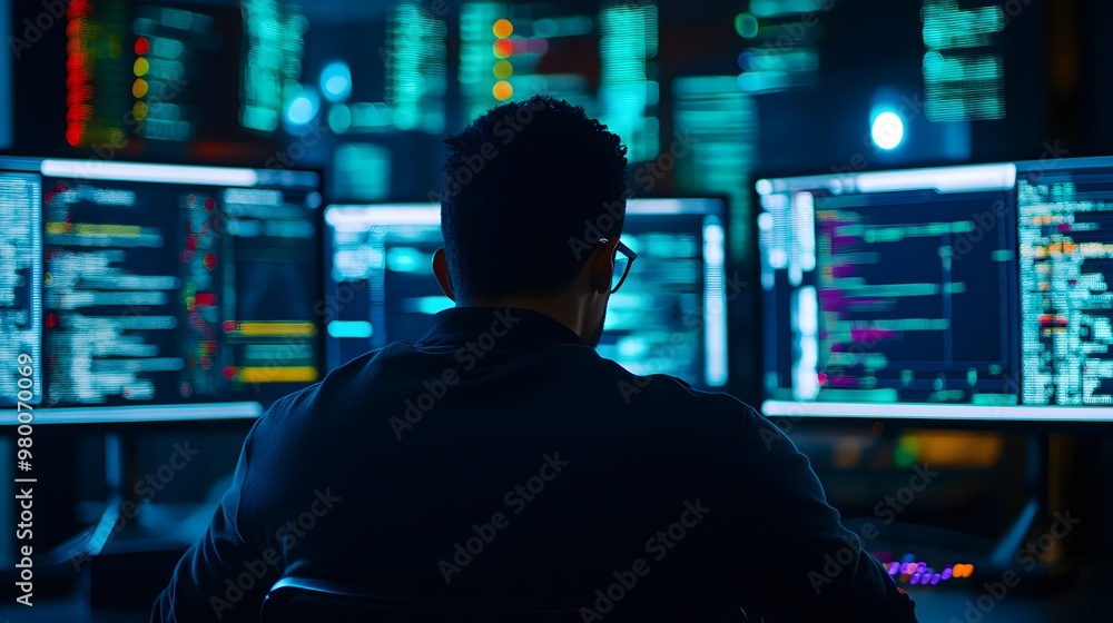 A cyberpunk hacker in a dimly lit room with holographic screens floating around A cyberpunk hacker in a dimly lit room with holographic screens floating around