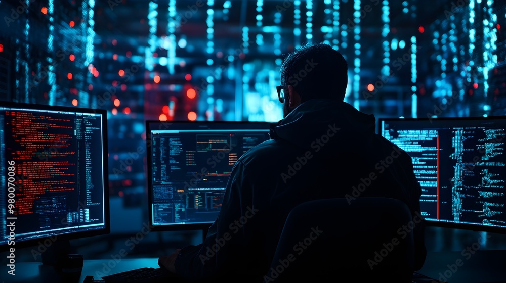 A cyberpunk hacker in a dimly lit room with holographic screens floating around A cyberpunk hacker in a dimly lit room with holographic screens floating around