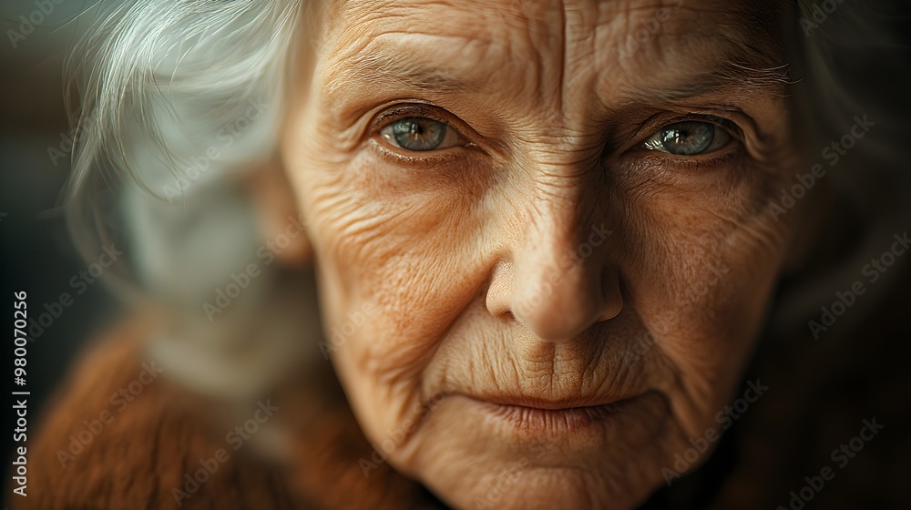 A close-up of an elderly woman with silver hair, her face lined with deep wrinkles, soft sunlight illuminating her gentle expression, Photography, Sepia tones, high contrast, intimate and emotional A close-up of an elderly woman with silver hair, her face lined with deep wrinkles, soft sunlight illuminating her gentle expression, Photography, Sepia tones, high contrast, intimate and emotional