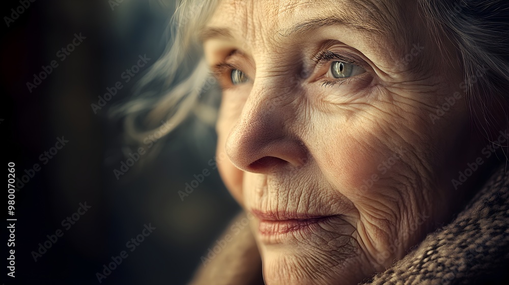 A close-up of an elderly woman with silver hair, her face lined with deep wrinkles, soft sunlight illuminating her gentle expression, Photography, Sepia tones, high contrast, intimate and emotional A close-up of an elderly woman with silver hair, her face lined with deep wrinkles, soft sunlight illuminating her gentle expression, Photography, Sepia tones, high contrast, intimate and emotional