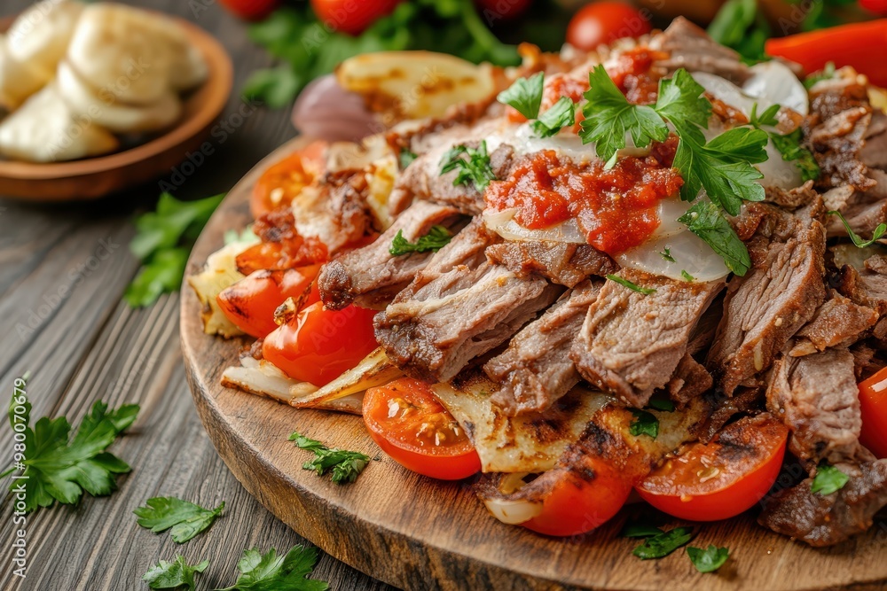 Iskender a classic Turkish döner kebab served on a wooden table Iskender a classic Turkish döner kebab served on a wooden table