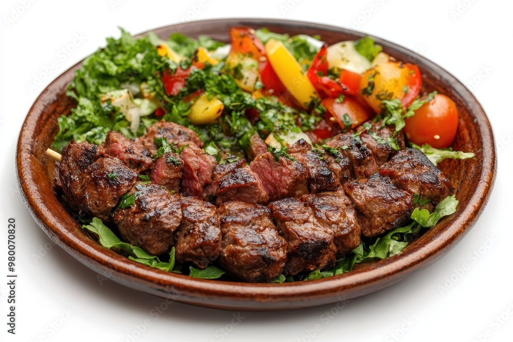 Isolated kebab plate with beef portion Isolated kebab plate with beef portion