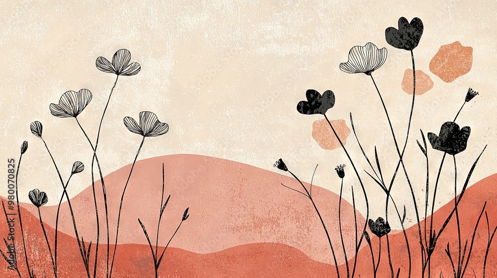 Naklejka premium Painting of red-beige background with black-white flowers