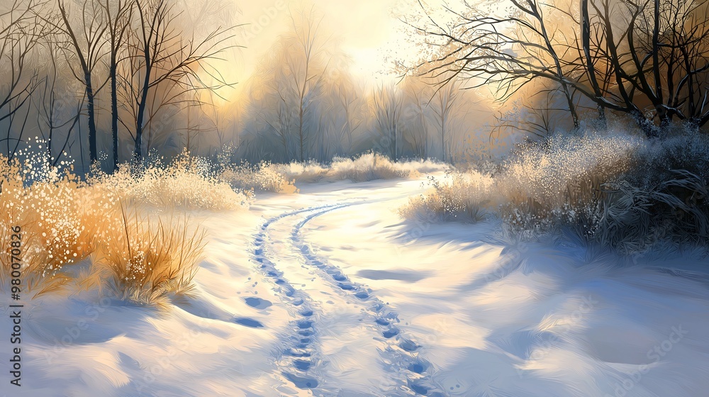 Snowy Path Through a Golden Winter Forest Snowy Path Through a Golden Winter Forest