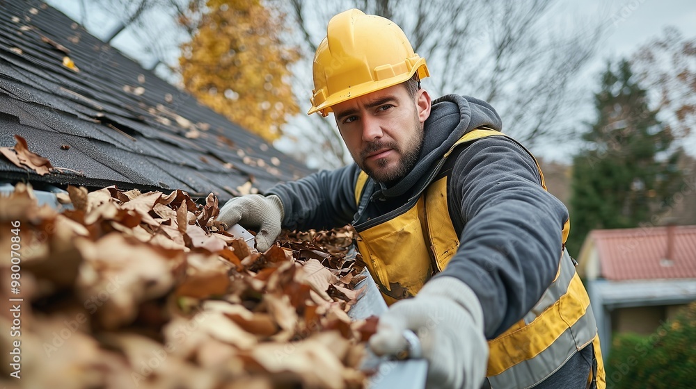 Professional gutter cleaning service: man in hardhat removing leaves from a gutter. Professional gutter cleaning service: man in hardhat removing leaves from a gutter.
