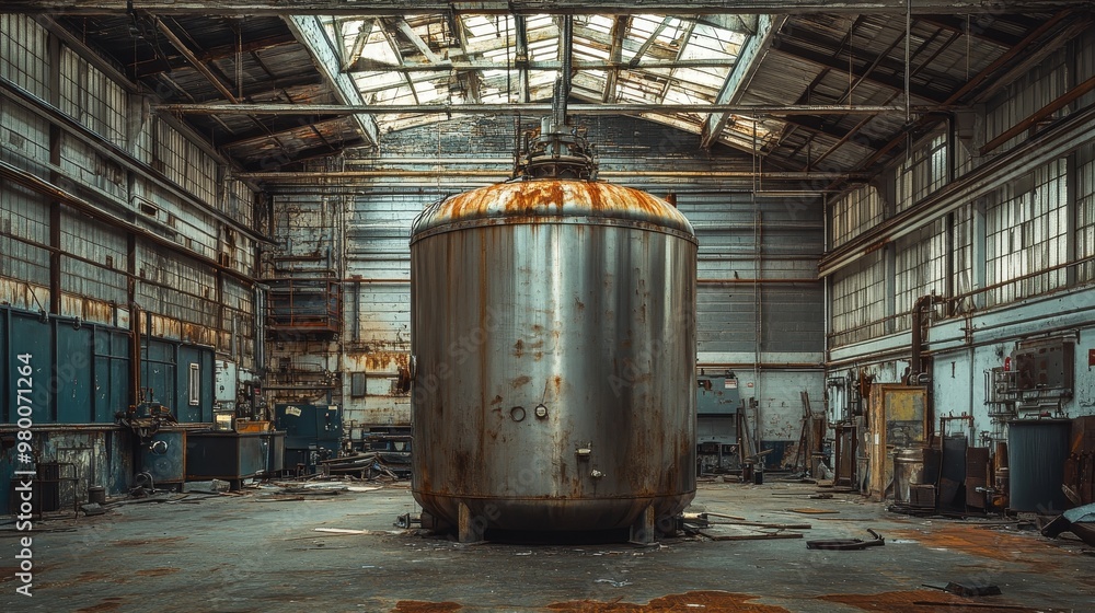 An industrial stainless steel tank in an abandoned warehouse, enveloped by rust and decay, with fallen ceiling tiles and scattered tools nearby An industrial stainless steel tank in an abandoned warehouse, enveloped by rust and decay, with fallen ceiling tiles and scattered tools nearby