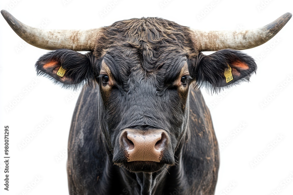 Naklejka premium Isolated white background with a bull staring forward