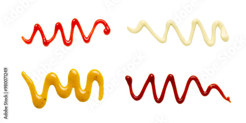 Cuadro en lienzo Lines of ketchup, mayonnaise, mustard, and barbecue sauce on transparent background