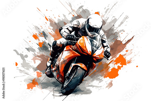 Watercolor digital paint of professional motorbike rider on white background photo