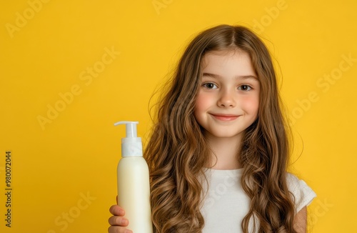 Joyful teenage girl with long hair showcasing shampoo bottle advertisement banner for hair care