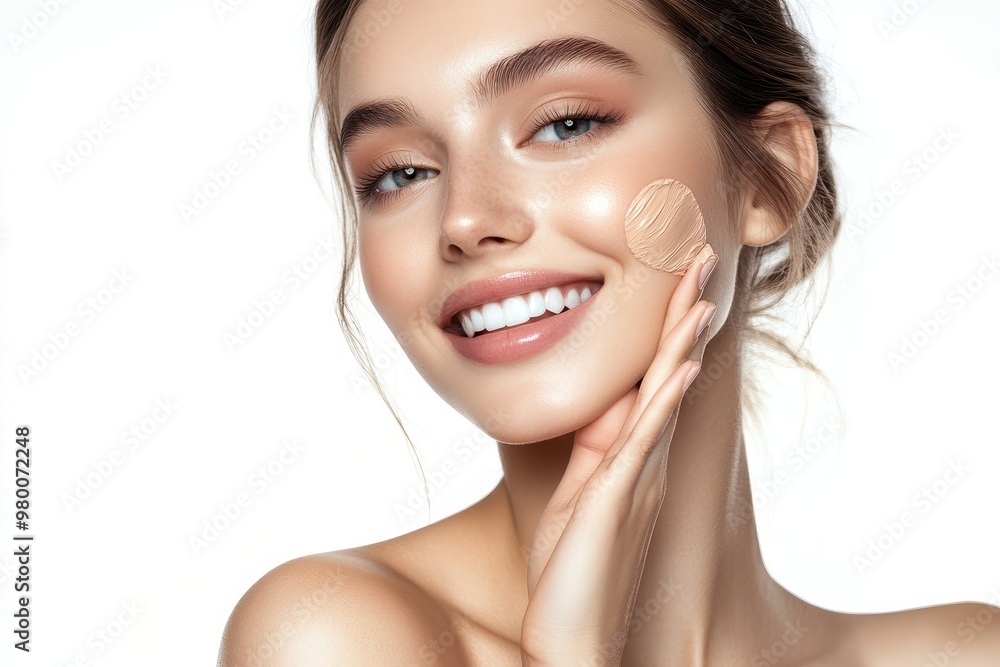 Joyful young woman with smooth skin applying foundation with fingers on white background Joyful young woman with smooth skin applying foundation with fingers on white background