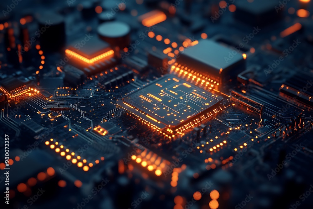 Close up of glowing CPU processor on motherboard, technology, computing power, digital innovation concept Close up of glowing CPU processor on motherboard, technology, computing power, digital innovation concept