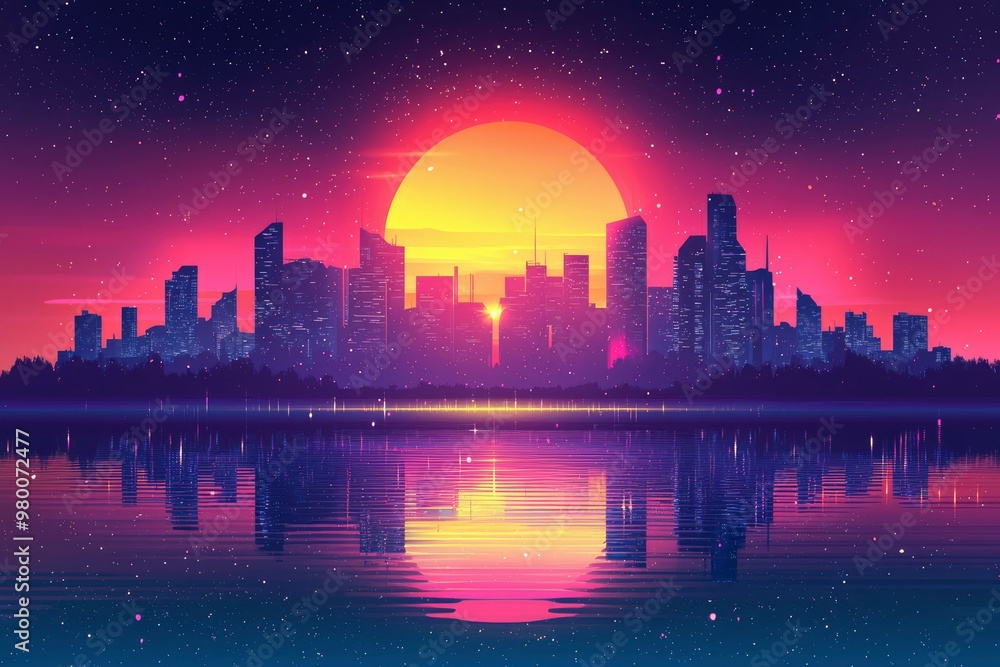 A city skyline silhouette with a large sun behind it, reflected in a body of water with stars in the sky. A city skyline silhouette with a large sun behind it, reflected in a body of water with stars in the sky.