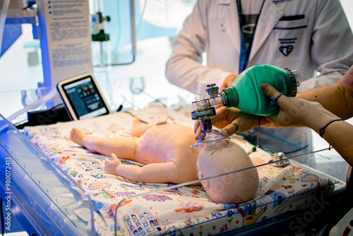 A special mannequin designed for training specialists in the care and resuscitation of newborn babies.