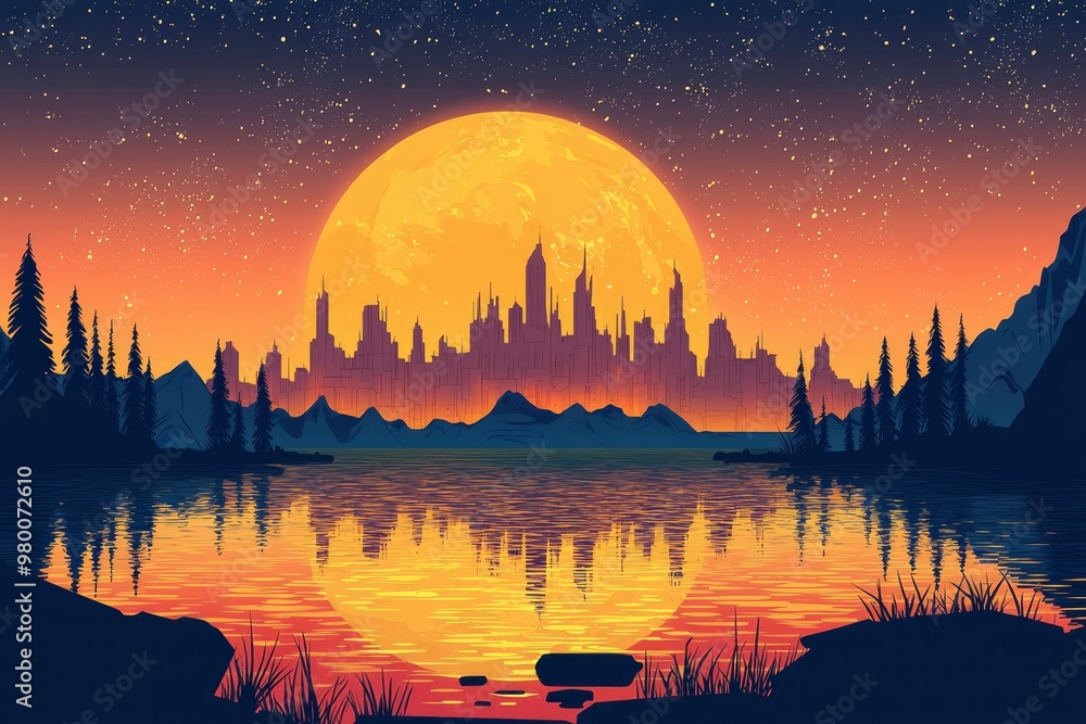 Obraz premium Silhouetted Cityscape Reflected in a Still Lake Underneath a Large Moon and Starry Sky