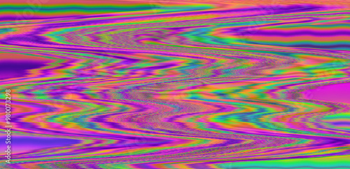 Wallpaper Mural Effect of a digital glitch or a distorted video signal, with sharp angles and jagged lines interspersed throughout the flowing color patterns. Abstract, highly saturated composition. Torontodigital.ca