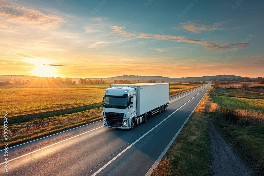 Light truck traveling on a country road at sunset Light truck traveling on a country road at sunset