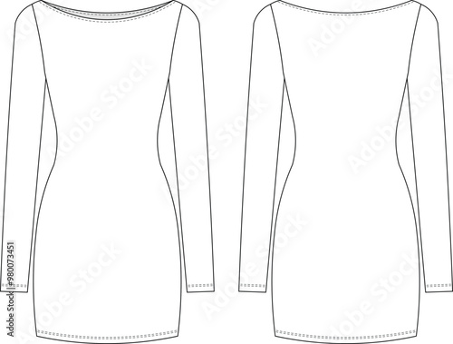 long sleeve boat neck body con tight mini short elastic dress template technical drawing flat sketch cad mockup fashion woman design style model
