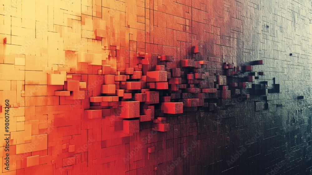 Bricks dissolving into pixels on one side, creating a transition from physical to digital, side view, showing transformation and modernity, cybernetic tone, Split-complementary color scheme Bricks dissolving into pixels on one side, creating a transition from physical to digital, side view, showing transformation and modernity, cybernetic tone, Split-complementary color scheme
