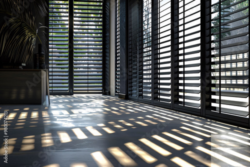 Sunlight streams through closed black shutters in a modern room, casting long, horizontal shadows on the floor. Generative Ai