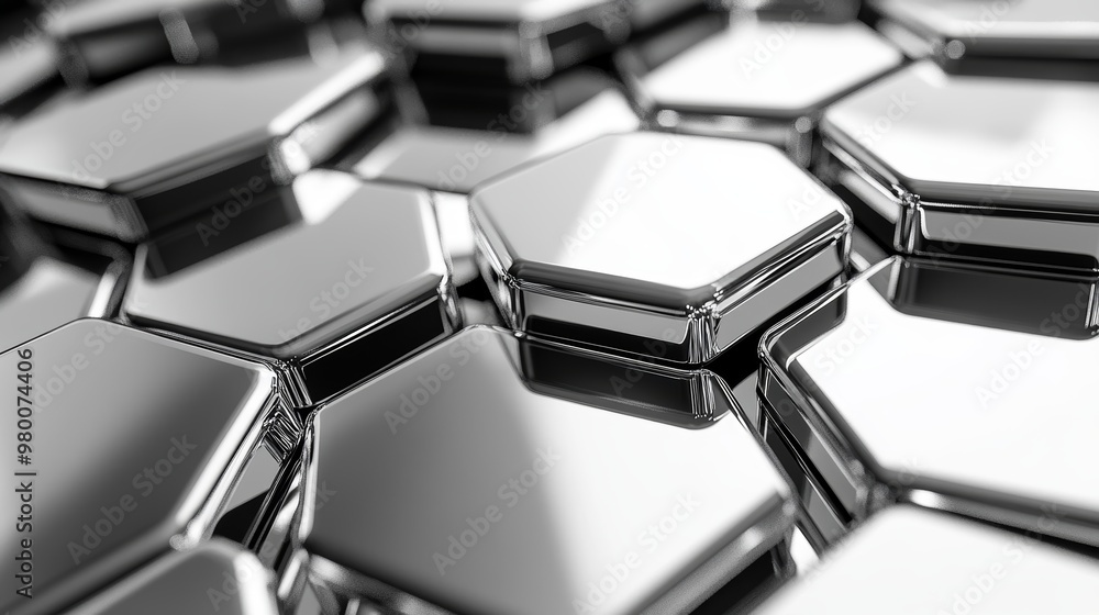 Chrome textures on interwoven hexagonal patterns, side view, showcasing high contrast lighting and reflections, futuristic tone, Monochromatic Color Scheme Chrome textures on interwoven hexagonal patterns, side view, showcasing high contrast lighting and reflections, futuristic tone, Monochromatic Color Scheme