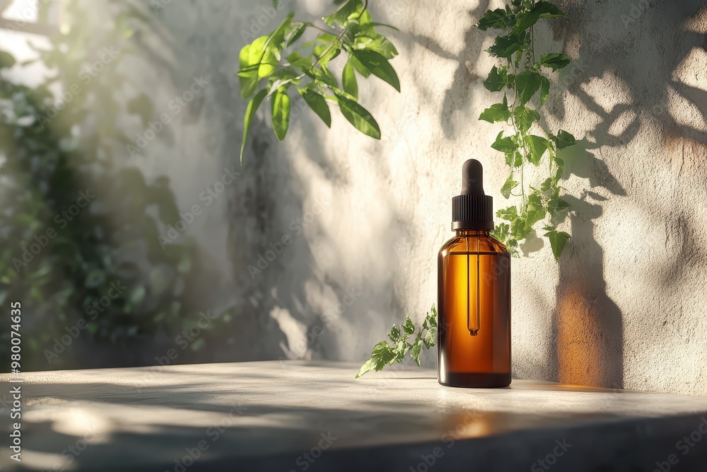 Mockup of a cosmetic bottle in bright sunlight with strong shadows emphasizes natural oils Mockup of a cosmetic bottle in bright sunlight with strong shadows emphasizes natural oils