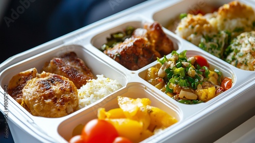 Airline meal with rice, vegetables, and meat in a tray, representing in-flight dining.