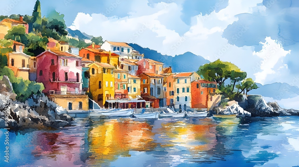 Obraz premium Coastal town at dusk, houses in vivid colors illuminated by the fading sunlight, watercolor brushstrokes evoke warmth and serenity,