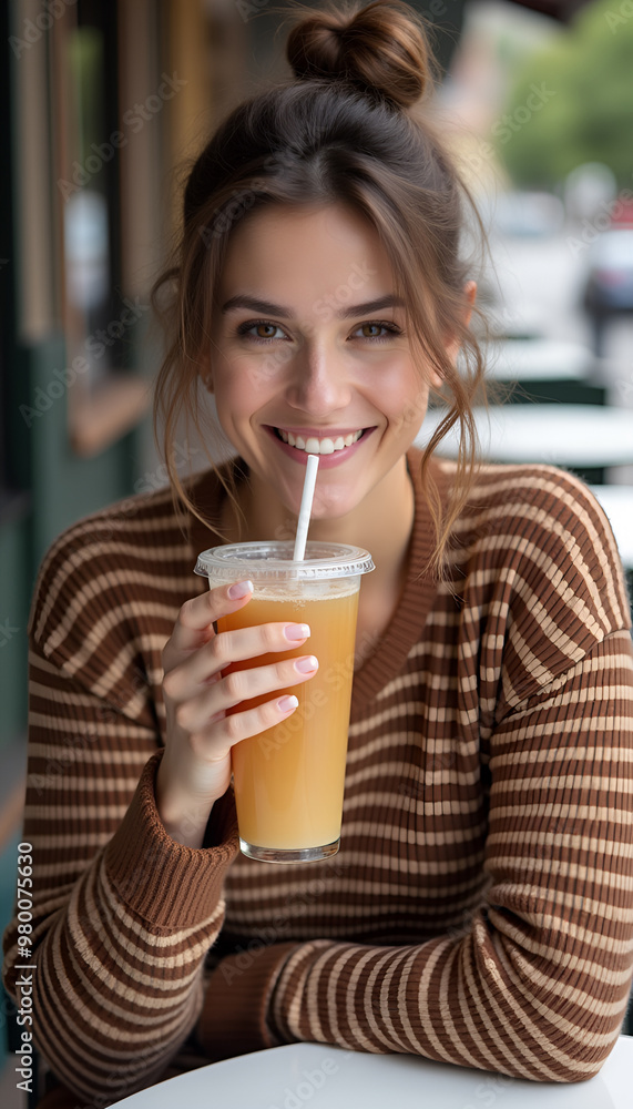 Smiling woman drinking a cold beverage outdoors on a sunny day Smiling woman drinking a cold beverage outdoors on a sunny day