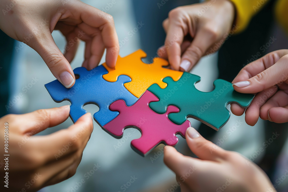 Closeup hand of diverse people connecting jigsaw Closeup hand of diverse people connecting jigsaw