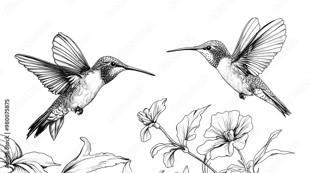Fototapeta premium Pair of Hummingbirds Hovering Near a Flower