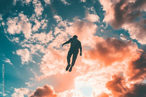 Wallpaper Mural Silhouette of man flying in the clouds, concept of freedom and dream Torontodigital.ca