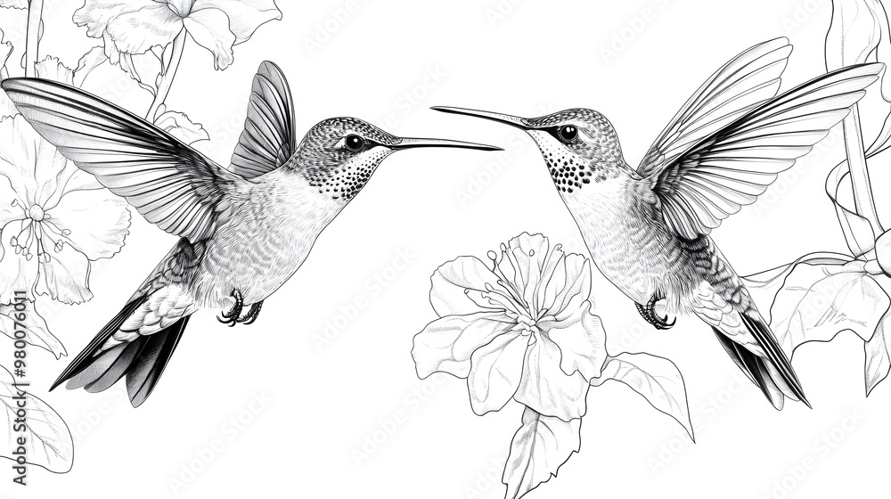 Obraz premium Pair of Hummingbirds Hovering Near a Flower