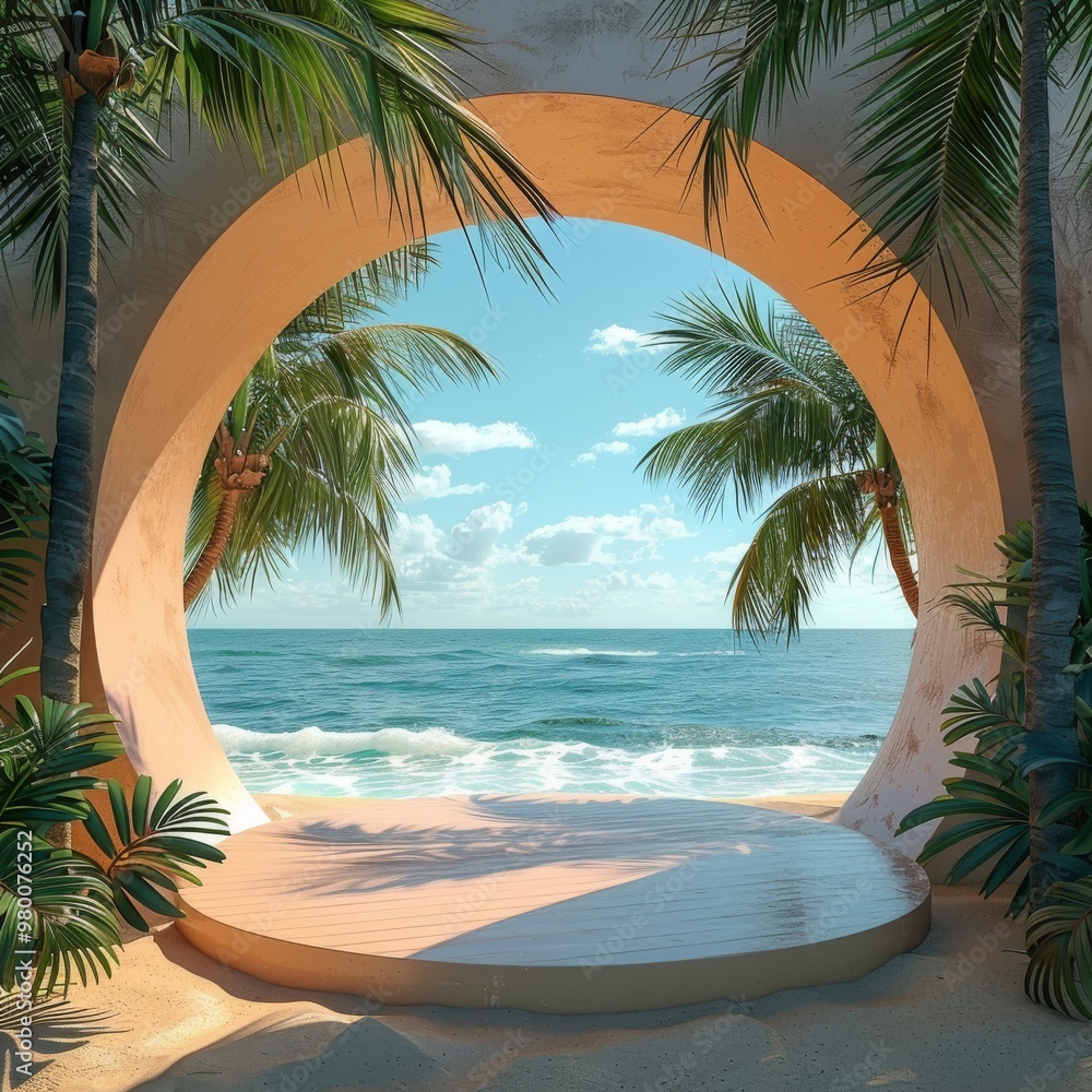 Fototapeta premium A podium on the beach with palm trees under an azure sky. Empty podium for product presentation.