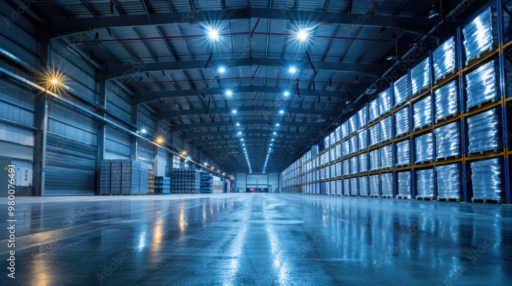 Wide-angle view of a spacious industrial warehouse with rows of pallet racks stocked with goods, illuminated by bright lights. Wide-angle view of a spacious industrial warehouse with rows of pallet racks stocked with goods, illuminated by bright lights.