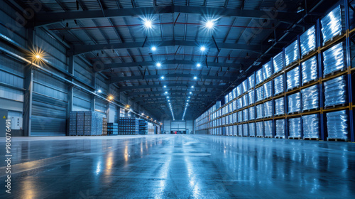 Wide-angle view of a spacious industrial warehouse with rows of pallet racks stocked with goods, illuminated by bright lights.