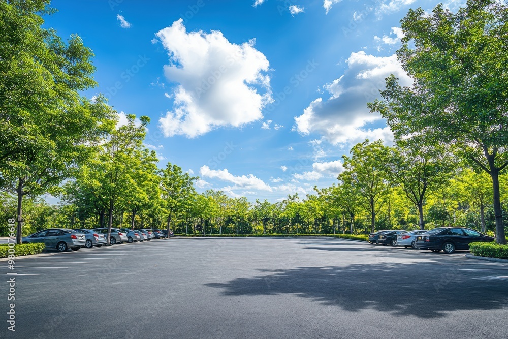 Parking area on asphalt surrounded by trees with a backdrop of white clouds and blue skies on a sunny day Outdoor lot with vibrant nature and a hint of tech Parking area on asphalt surrounded by trees with a backdrop of white clouds and blue skies on a sunny day Outdoor lot with vibrant nature and a hint of tech