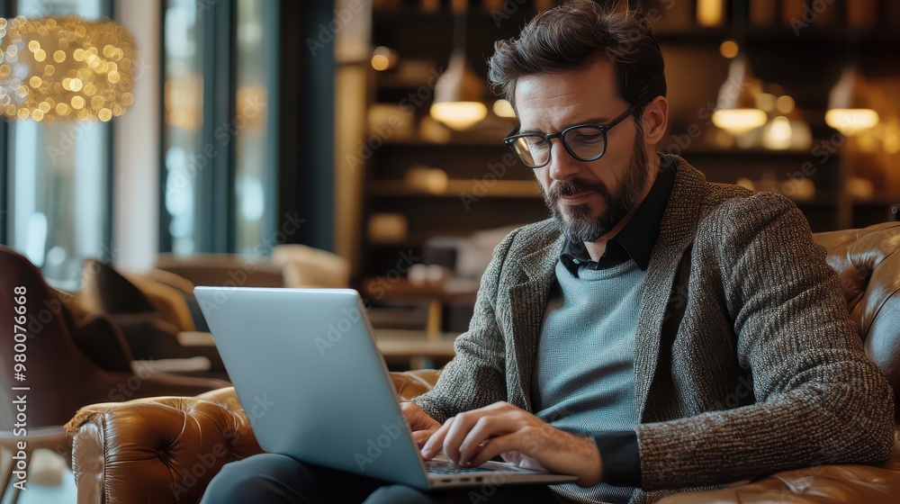 Professional working on a laptop in a stylish lounge area Professional working on a laptop in a stylish lounge area