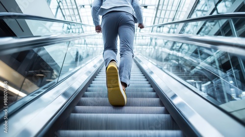 Businessperson ascending an escalator in a corporate setting