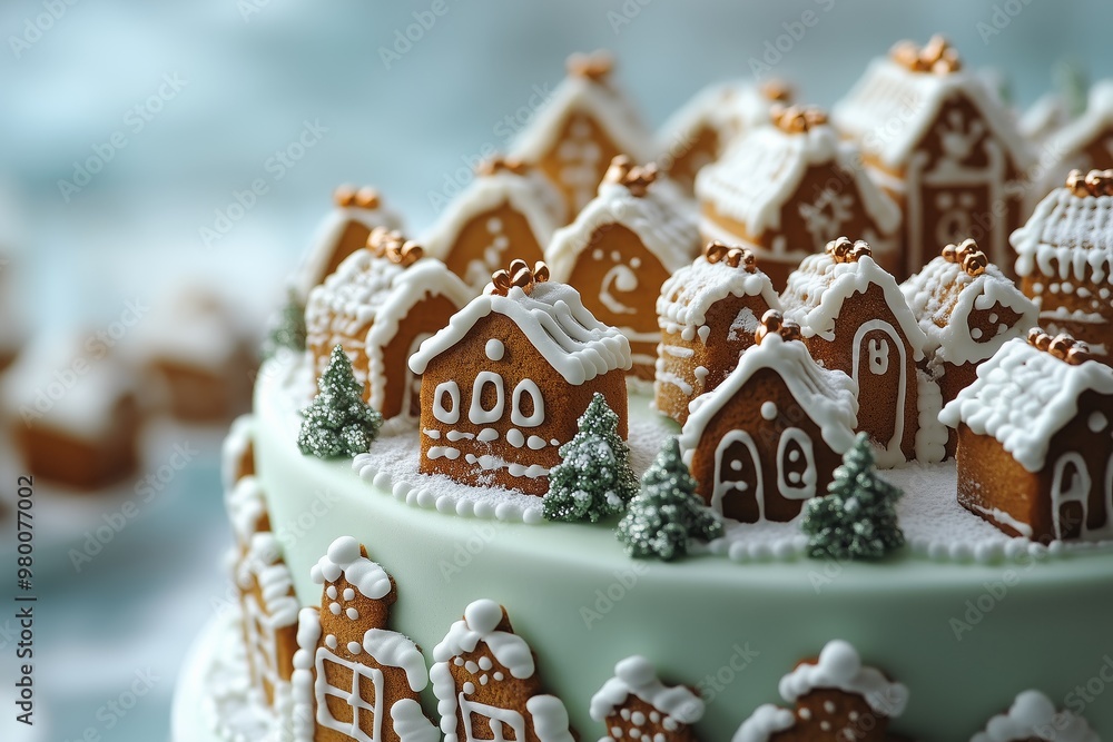 winter themed cake with gingerbread houses and trees, set against a light green background, delicate and beautiful winter themed cake with gingerbread houses and trees, set against a light green background, delicate and beautiful