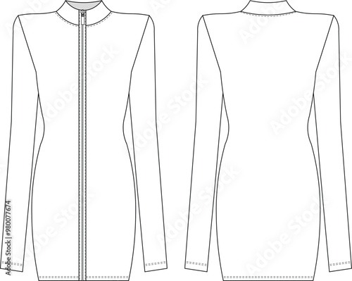 long sleeve turtleneck high neck zippered body con tight short mini dress template technical drawing flat sketch cad mockup fashion woman design style model
