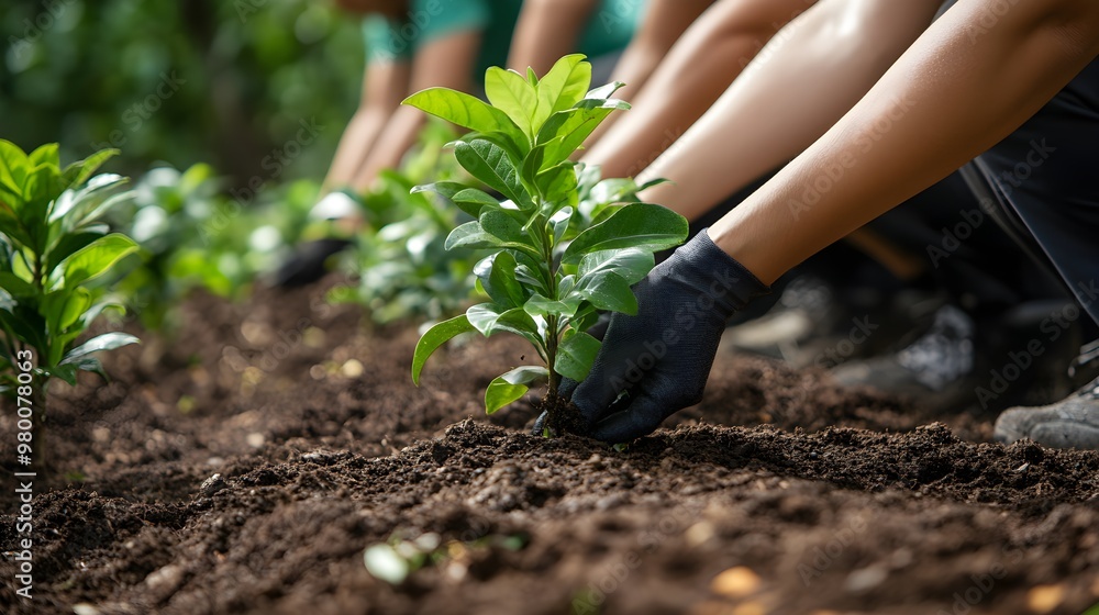 Close-up of hands planting a tree, community members wearing eco-friendly shirts with health and wellness messages, bright and hopeful scene Close-up of hands planting a tree, community members wearing eco-friendly shirts with health and wellness messages, bright and hopeful scene