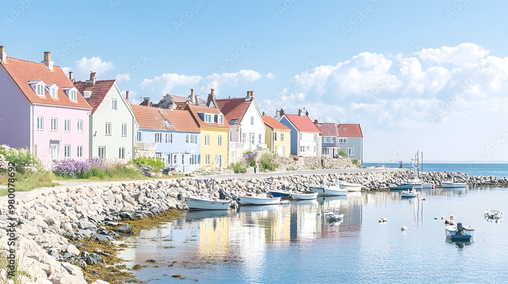 Naklejka premium Charming seaside town with pastel houses, ocean waves hitting rocky shores, depicted in a combination of watercolor and oil painting techniques